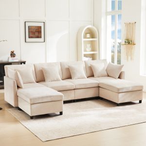 Sofá modular en l o en u chenilla beige 5-6 plazas 2 pufs móviles 6 cojines