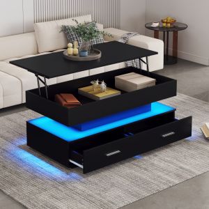 Mesa de centro elevable con LED tablero de partículas negro 44x100x50cm