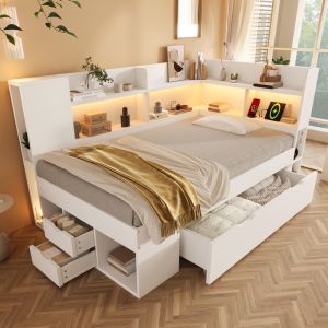 Cama individual 90x200cm LED carga almacenaje madera blanco