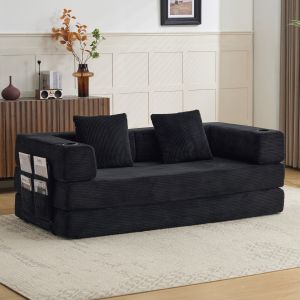 Sofá cama plegable pana negra 2 plazas con portavasos y bolsillos