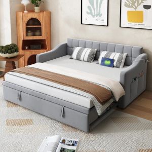 Sofá cama extensible 90/180x190cm con usb y bolsa, gris claro