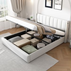 Cama tapizada 140x200cm con canapé hidráulico, LED y usb pu – blanco