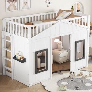 Litera infantil 90x200 cm con escalera y ventanas madera y mdf – blanco