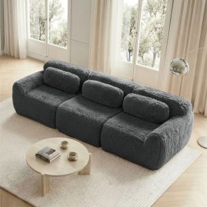 Sofá modular 3 plazas de felpa gris sin montaje con base antideslizante
