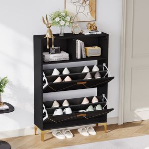 Zapatero de entrada con 2 puertas abatibles y 2 huecos negro 117x80x25cm