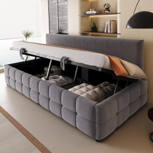 Canapé cama 90x200cm con somier abatible, sin brazos, terciopelo gris