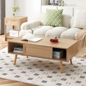 Mesa de centro con puerta corredera efecto ratán madera natural 40x105x55cm