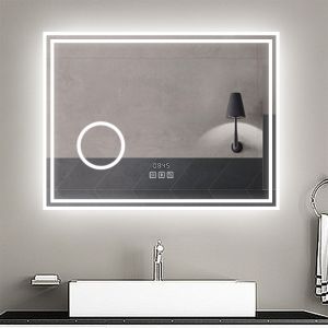 Espejo de baño LED 80×60 cm+ reloj + lupa + bluetooth