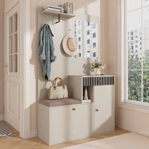 Mueble recibidor con espejo asiento acolchado beige y crema 185,5x110x37cm