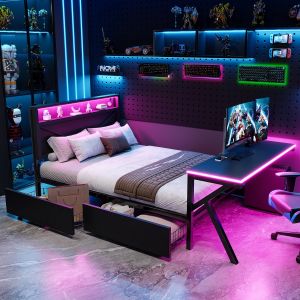 Cama multifuncional 140x200cm con escritorio, LED y cajones metal – negro
