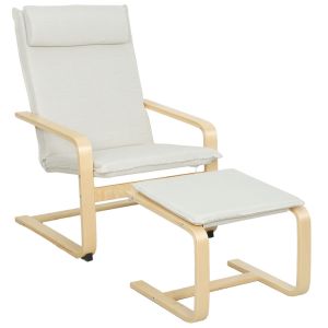 Sillón con reposapié lino sintético, madera de abedul color beige
