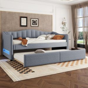 Cama con cajón 90x200cm lino extensible LED gris