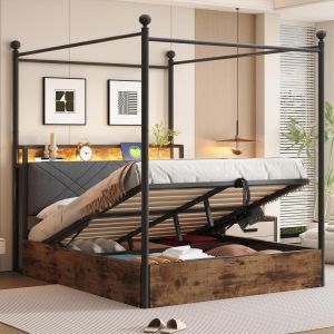 Cama doble con almacenaje hidráulico, LED usb-c, 140x190cm, negra
