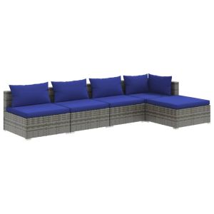 vidaXL set de sofás de jardín 5 piezas y cojines ratán sintético gris