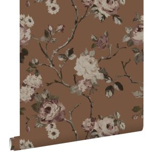 Estahome papel pintado flores vintage marrón terracota 50 x 900 cm