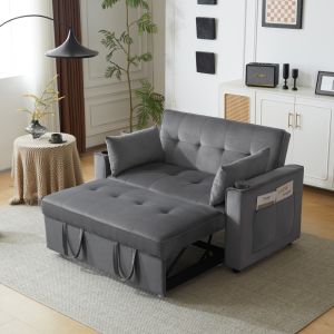 Sofá cama 2 plazas terciopelo gris con portavasos y bolsillos