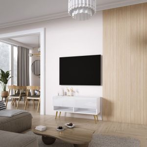 Mueble tv - 100x32x52 cm - blanco mate con patas oro