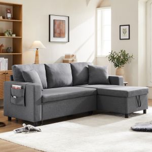 Sofá cama chaise longue lino gris 3-4 plazas arcón bolsillos laterales
