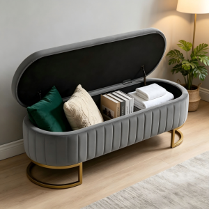 Banco de cama tapizado con almacenaje gris claro patas doradas