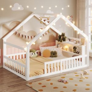Cama 140x190cm con barandilla y estantes madera de pino – blanco