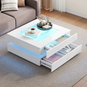 Mesa de centro con LED y 3 cajones cristal blanco 35x70x70cm