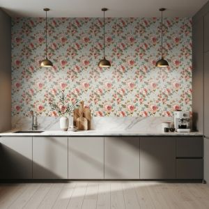 Papel floral diseño clásico peonías rosa coral verde menta 60cm por 300cm