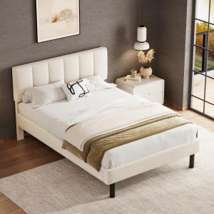 Cama doble sherpa 140x190cm con somier de láminas beige