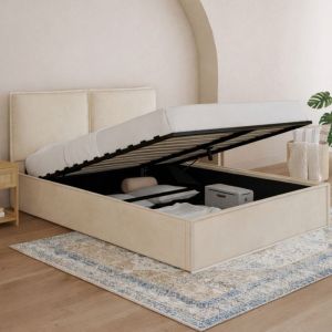 Cama con baúl doble pilou - terciopelo beige - 140 x 190 cm