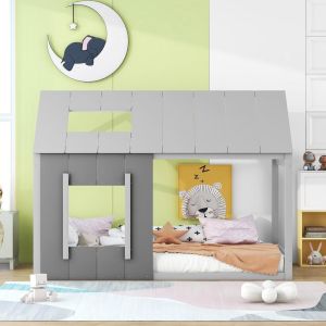Cama infantil casita estable con techo y ventanas 90x200cm, gris