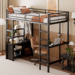 Litera alta 90x200cm con escritorio, usb y estanterías metal – color negro