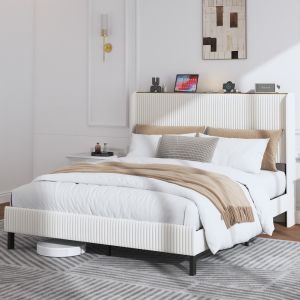 Cama tapizada 160x200 cm con cabecero acanalado pana – beige y crema