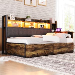 Cama 90x200cm con escritorio extraíble y cajón metal+madera natural
