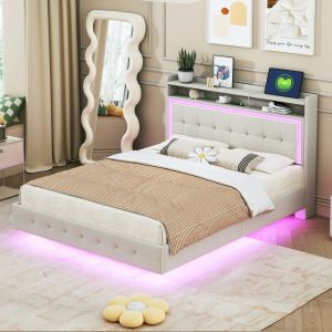 Cama tapizada 140x200cm con usb y LED lino – color beige