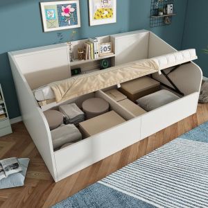 Cama hidráulica 90x200cm con estantes usb-c blanco