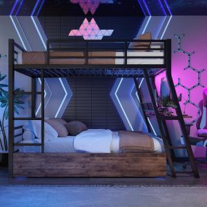 Cama alta 90x200 cm con escritorio, cajones, LED, escalera, negro