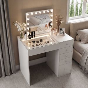 Vanitii tocador de maquillaje con luz espejo blanco 92 x 55 x 129 cm