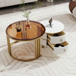 Mesa de centro redonda 2 piezas mdf vidrio blanco 45x70x70 y 40x50x50cm