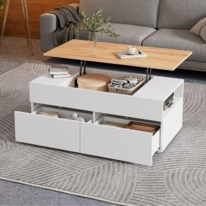 Mesa de centro elevable con 2 cajones blanco y madera 40x100x50cm