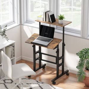 Mesa auxiliar altura regulable con tablero inclinable y ruedas marrón