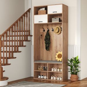 Mueble recibidor con banco 2 puertas 5 ganchos blanco y natural 185x80x35cm
