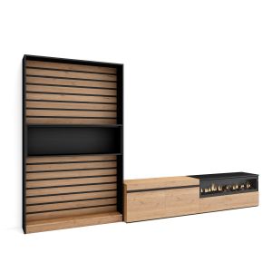 Muebles salón, 310x35x186cm, roble y negro, chimenea eléctrica rf2863