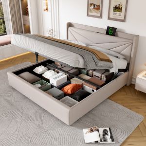 Cama tapizada 180x200cm con canapé usb tipo c lino algodón beige