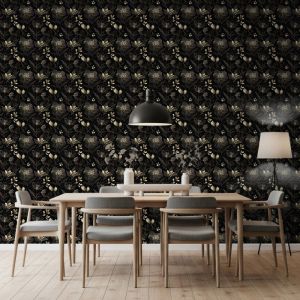 Papel pintado floral diseño elegante flores oro fondo negro 60cm por 250cm
