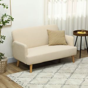Sofá 2 plazas terciopelo blanco crema reposabrazos patas madera