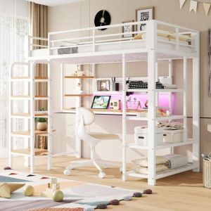 Cama alta 90x200cm escritorio, toma cee, LED multicolor, blanca