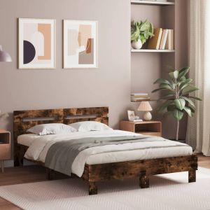 Cama cabecero y luces LED roble ahumado 135x190cm