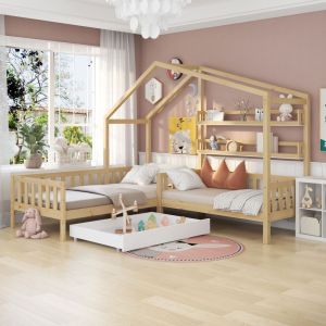 Cama casita 90x200cm /140x70cm con cajón y estantes madera maciza – natural