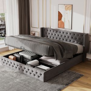 Cama 180x200cm abatible con espacio de almacenaje en terciopelo gris