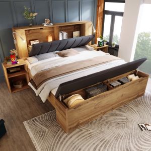 Cama doble 160x200 cm con mesitas, banco y lámparas usb madera – roble