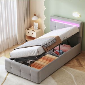 Cama tapizada 90x200 cm con LED y canapé de terciopelo – gris